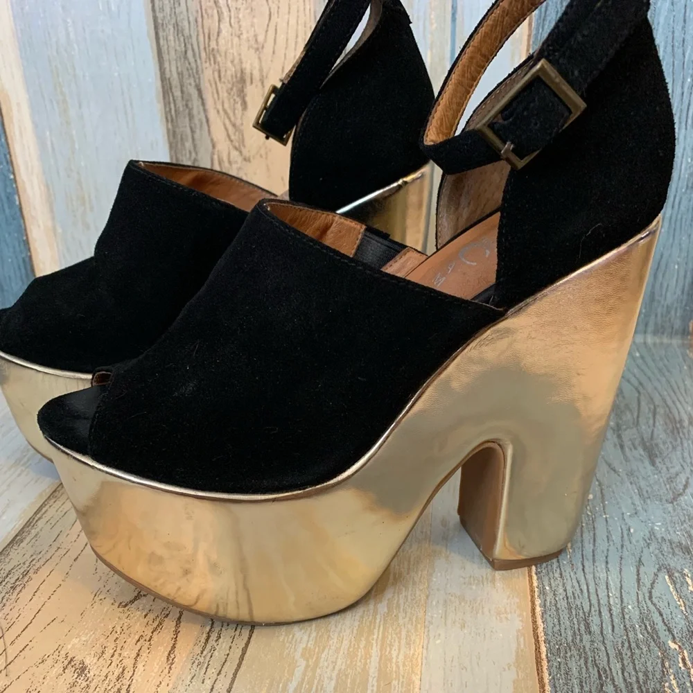 RARE Jeffrey Campbell black & gold platforms